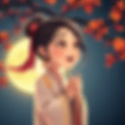 A cartoon woman in traditional Chinese clothing speaks in Mandarin while a bright full moon shines in the background