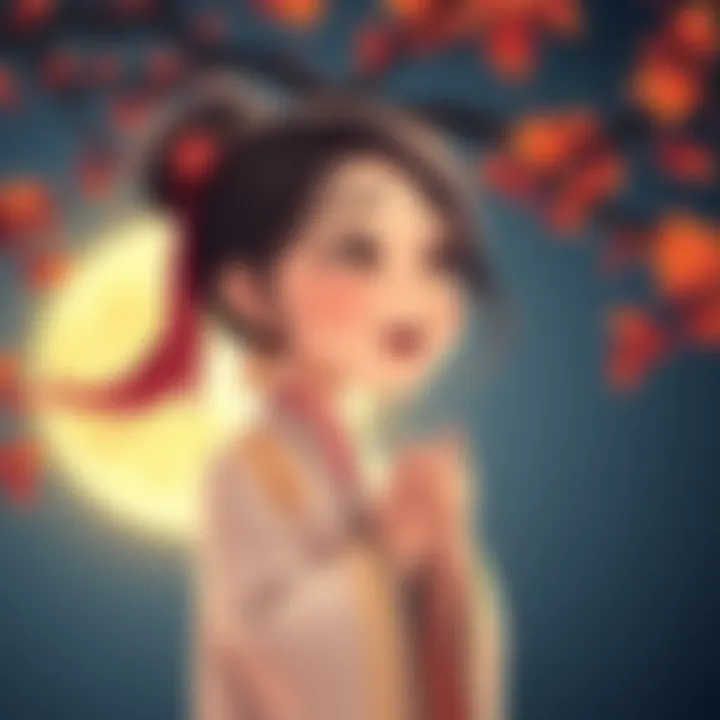 Woman speaking Mandarin in Autumn Moon game A cartoon woman in traditional Chinese clothing speaks in Mandarin while a bright full moon shines in the background