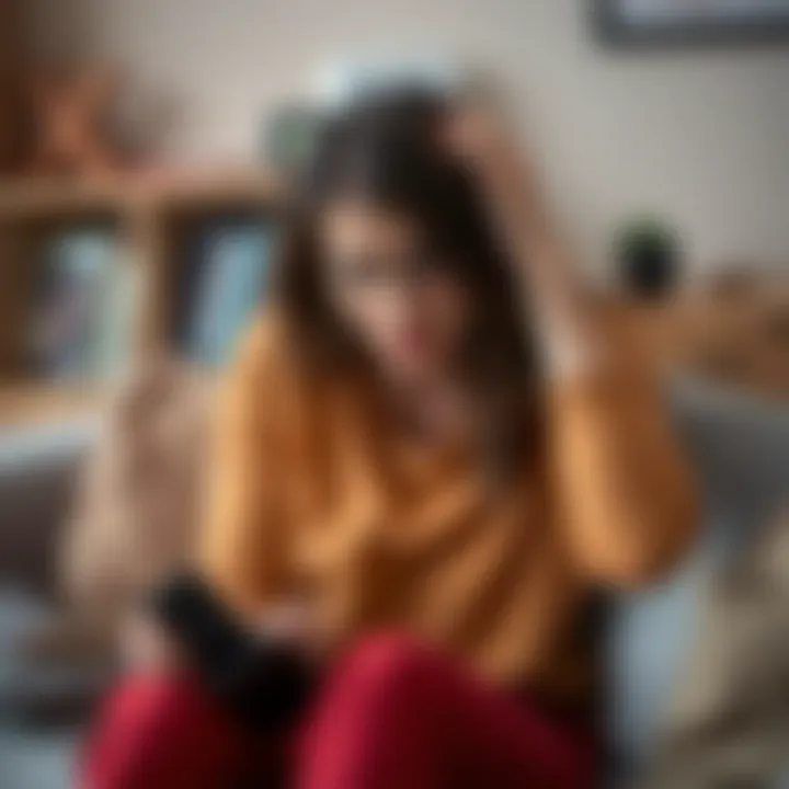A woman sits on a couch looking distressed, holding her head in her hands, with empty wallet beside her. She appears anxious about her financial troubles and the reaction of her boyfriend.