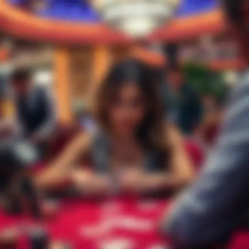A woman sits at a blackjack table, focused on her cards, while casino staff observe her closely.