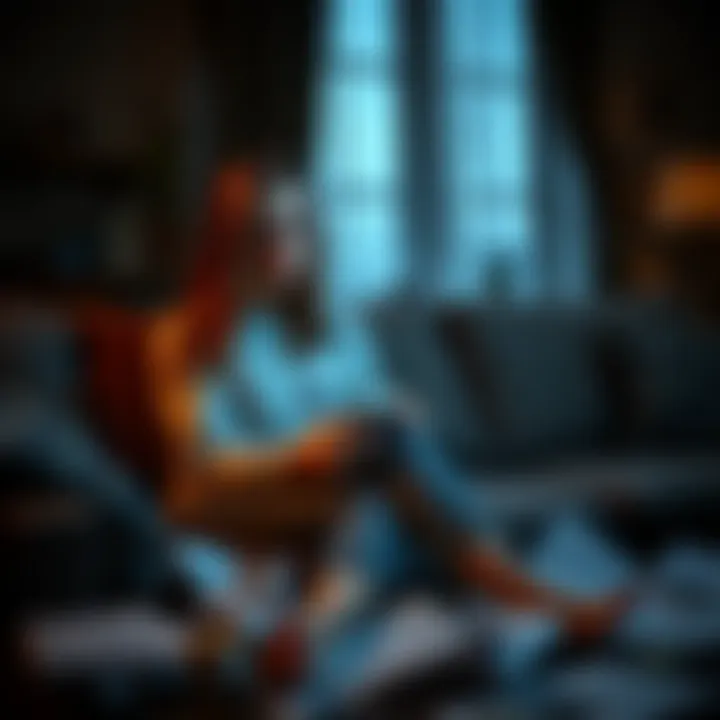 A woman sits on a couch, looking worried and sad, with a phone in hand. Papers scattered around suggest financial troubles. The room is dimly lit, emphasizing her emotional state.