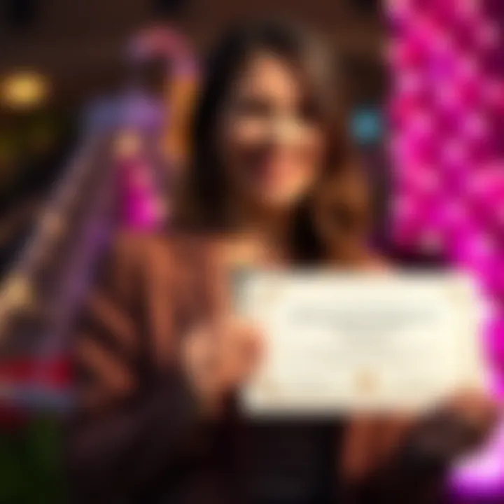 A 42-year-old woman smiling and holding a certificate of achievement, symbolizing her victory over gambling addiction and financial struggles.