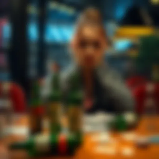 Woman struggling with gambling addiction A 27-year-old woman sitting alone at a table, looking distressed with her head in her hands surrounded by bills and empty bottles, symbolizing her struggles with gambling and financial loss.