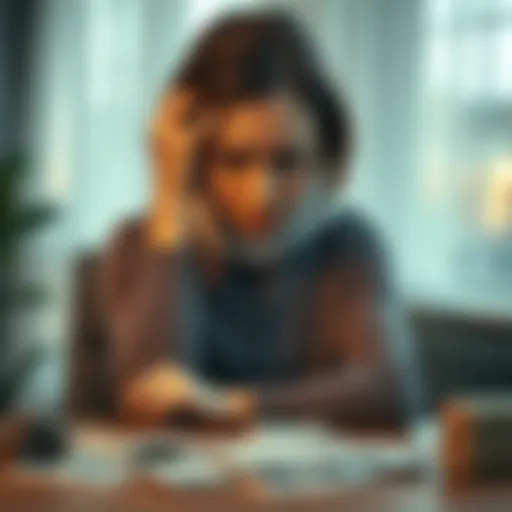 A woman sitting with a worried expression, holding her head while looking at bills on a table, symbolizing financial stress from her husband's gambling
