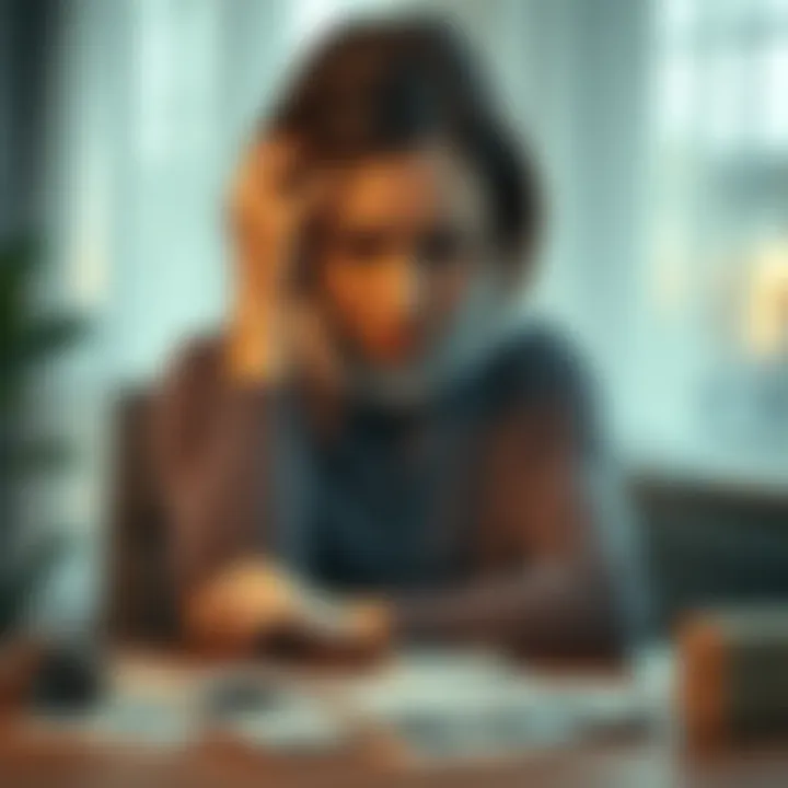 A woman sitting with a worried expression, holding her head while looking at bills on a table, symbolizing financial stress from her husband's gambling