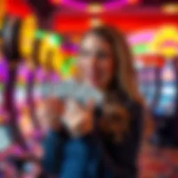 A woman with a joyful expression holding cash in a casino setting, surrounded by slot machines and colorful lights, after winning a jackpot, despite being banned from casinos.
