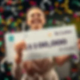 A woman smiles widely while holding a lottery ticket and standing in front of a giant check for $100,000, surrounded by confetti.