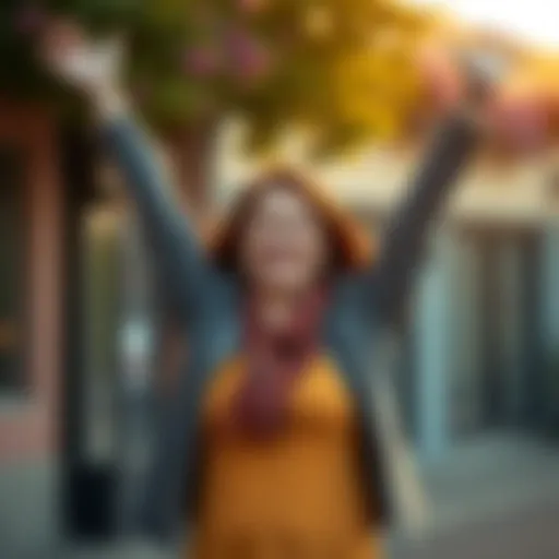 A smiling woman standing outside with her arms raised in victory, symbolizing freedom from gambling addiction and a fresh start.