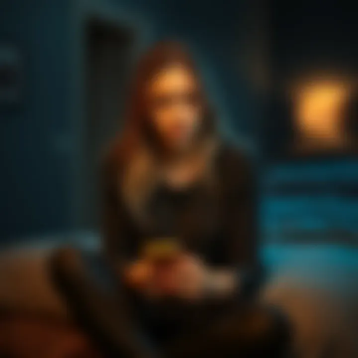 A woman sits alone in a dimly lit room looking pensive, with a phone in her hand and a concerned expression on her face, symbolizing emotional distress after a breakup.