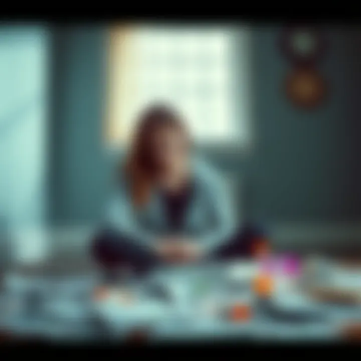 A distressed woman surrounded by unpaid bills and her medication, symbolizing the impact of gambling addiction