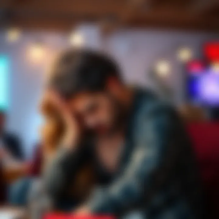 A woman looks worried while supporting her boyfriend who is sitting with his head in his hands, showing the struggle of addiction.