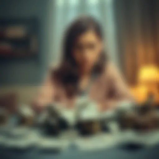 A young woman looking distressed while sitting at a table with bills scattered around, representing financial strain from her boyfriend's gambling addiction.