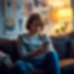 A young woman sitting on a couch, looking stressed while holding her phone, contemplating her relationship with her boyfriend who has a gambling addiction.