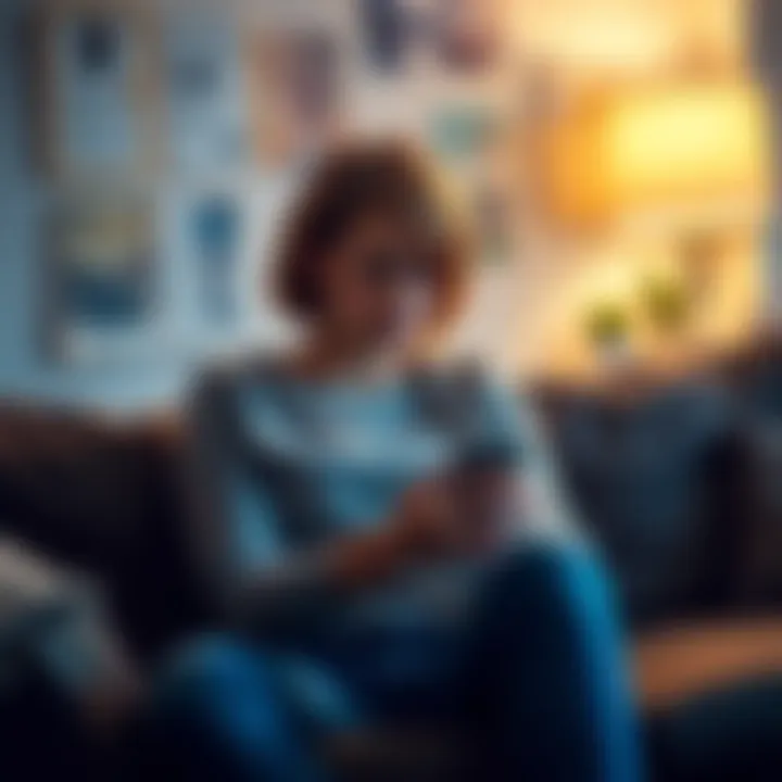 Woman looking worried A young woman sitting on a couch, looking stressed while holding her phone, contemplating her relationship with her boyfriend who has a gambling addiction.
