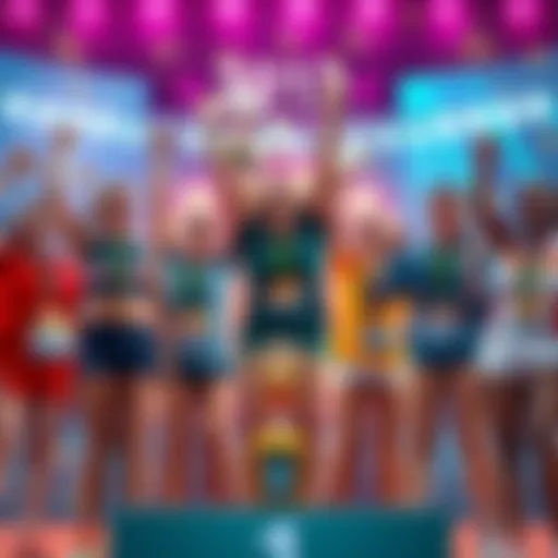A group of female athletes from various sports celebrating their achievements with trophies and medals