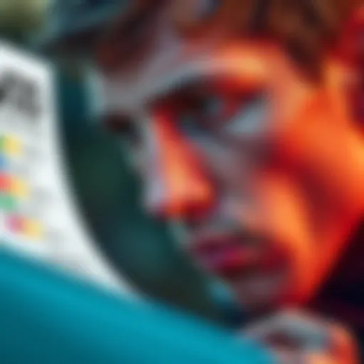 A close-up of a sports player with a thoughtful expression, analyzing a performance chart with ratings and comments.