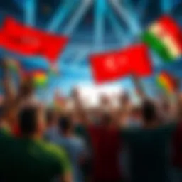 Fans cheering at the start of the World Cup, holding flags and wearing team jerseys