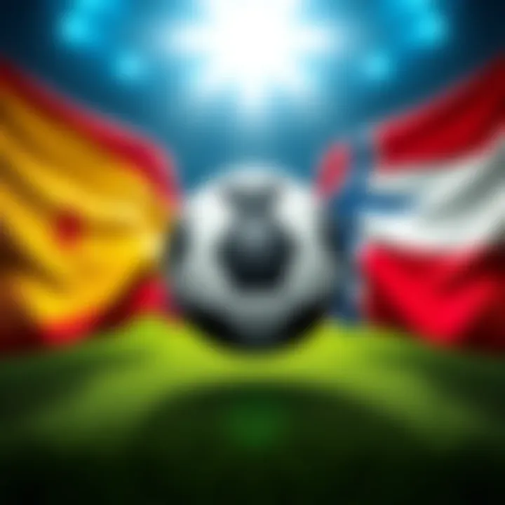 Flags of Paraguay, Netherlands, Norway, and France with a soccer ball in the center.