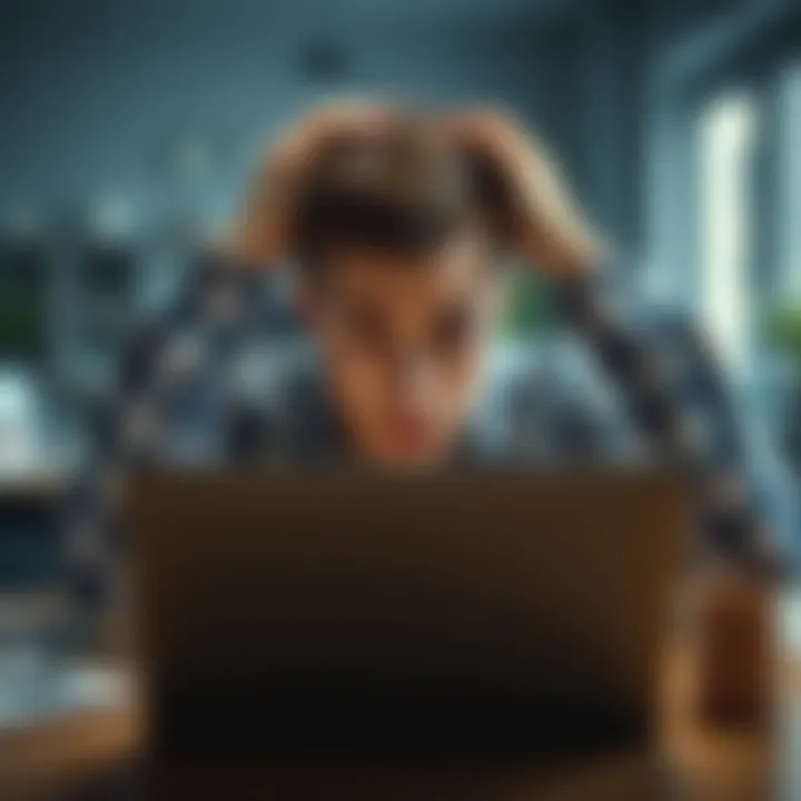 A worried young man sitting at a table, looking at a laptop with his hands on his head, symbolizing financial loss.