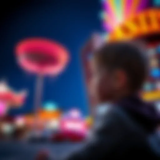 A concerned child gazing towards a brightly lit casino at night, reflecting their worries about their mother's well-being.