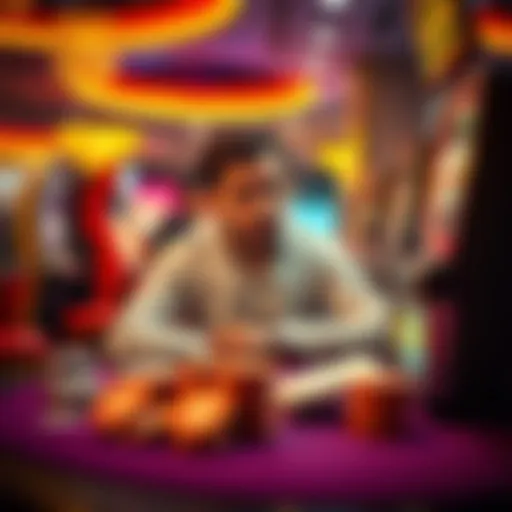 A concerned player looking at casino chips and a slot machine, pondering the risks of winning too much