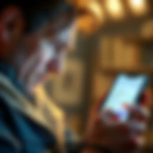A worried person looking at their phone with a negative account balance displayed, unsure about their financial situation.
