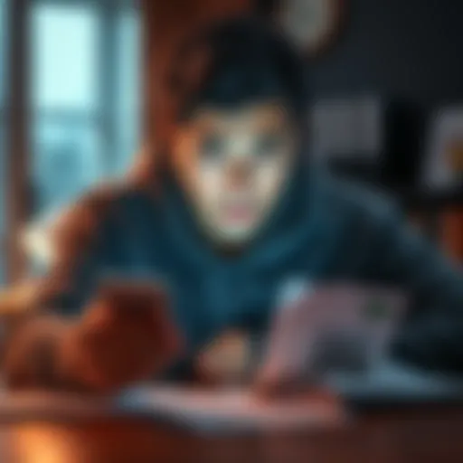 A concerned individual checking their phone with bank statements on a desk, reflecting anxiety over a closed bank account.