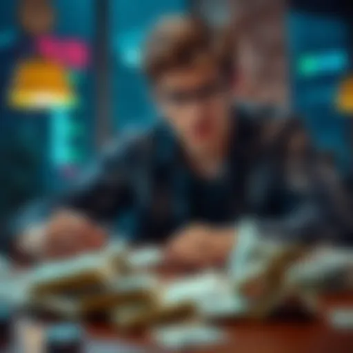 A person sitting at a table with scattered bills, looking stressed and anxious about their finances due to gambling.