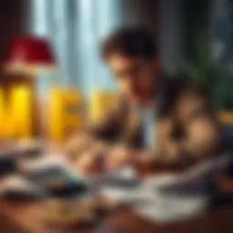 A person sitting at a table, looking distressed surrounded by unpaid bills and a calculator, symbolizing financial struggles after gambling