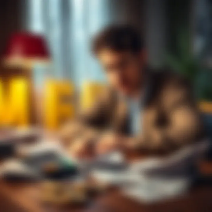 A person sitting at a table, looking distressed surrounded by unpaid bills and a calculator, symbolizing financial struggles after gambling