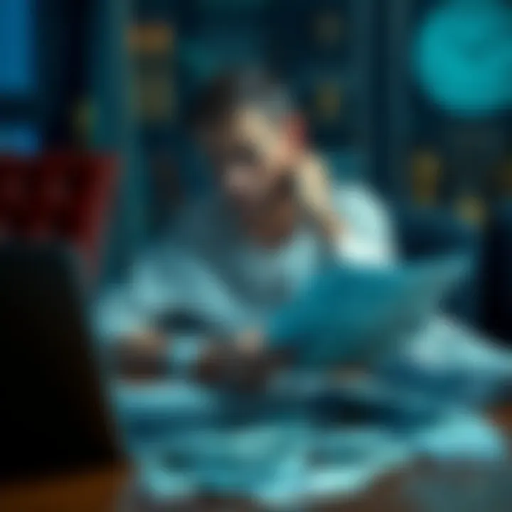 A person sitting at a table surrounded by bills and a laptop, showing signs of stress and concern over gambling debts.