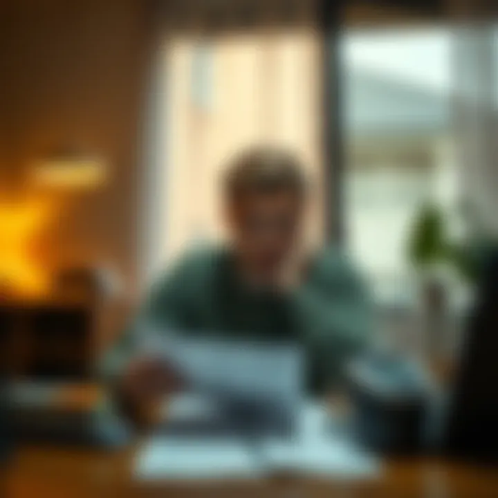 A person sitting at a table with a worried expression, reviewing financial documents and cash withdrawals