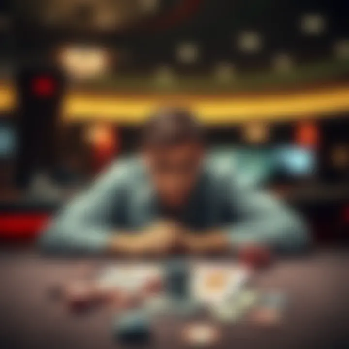 Person looking worried at a casino table A person with a distressed expression sitting at a casino table surrounded by cards and chips