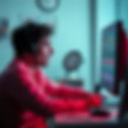 A person sitting at a desk, looking worried while staring at a computer screen with online gambling graphics