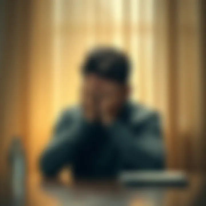 A worried person sitting at a table, with their head in hands, showing concern and fear about revealing a secret to their partner.