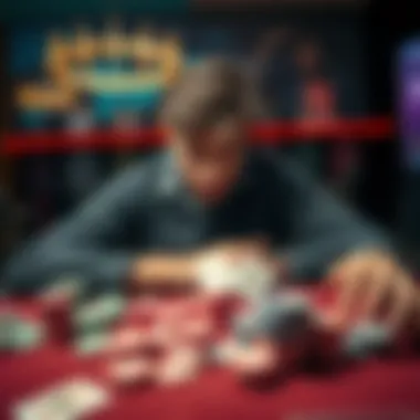 A person with a distressed expression sitting at a gambling table, surrounded by cards and chips, showing the emotional struggle of gambling addiction.