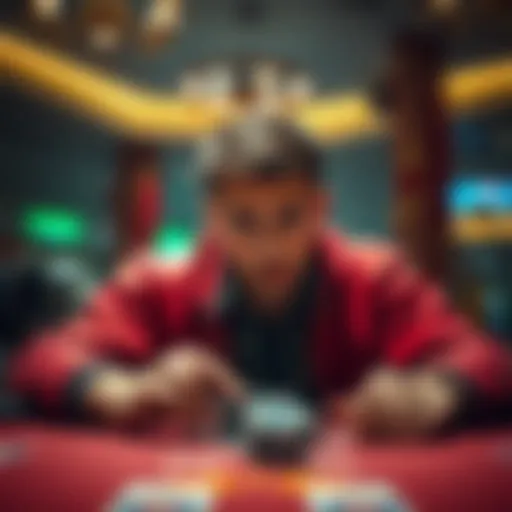 A worried player sitting at a gaming table with poker chips and a distressed expression, reflecting on losses and bonuses.