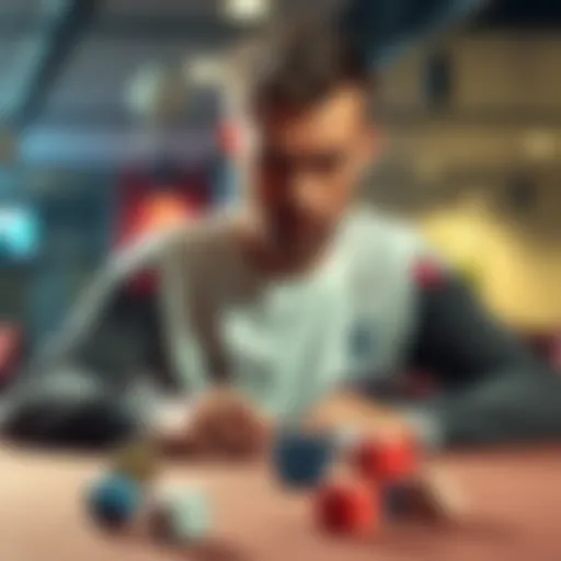 A concerned player sits at a table with dice, showing anxiety over the game rules and their opponent's actions.