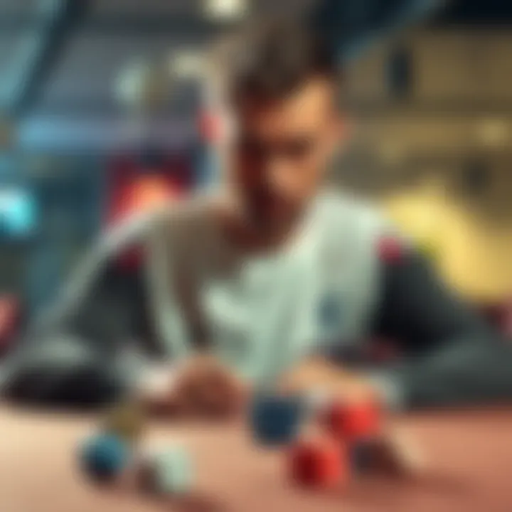 A concerned player sits at a table with dice, showing anxiety over the game rules and their opponent's actions.