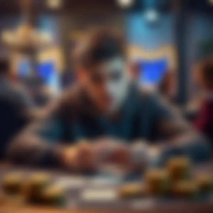 A concerned person sitting at a gaming table, looking at their cards with a worried expression, contemplating a loss of money.