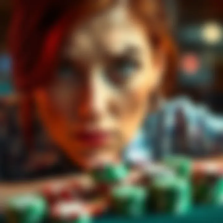 A concerned woman gazing at a pile of poker chips, expressing her anxiety about her husband's gambling problem