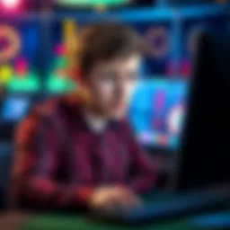 A concerned young man staring at a computer displaying online blackjack, showing signs of stress after losing money.