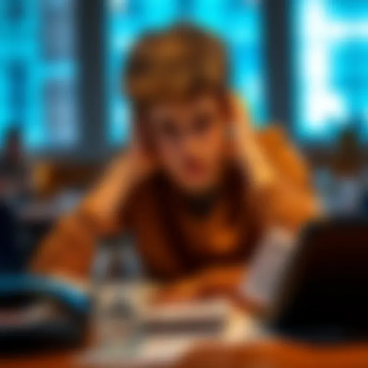 Young person looking worried about finances A 23-year-old person sitting at a table with bills and a sad expression, feeling overwhelmed by financial struggles.