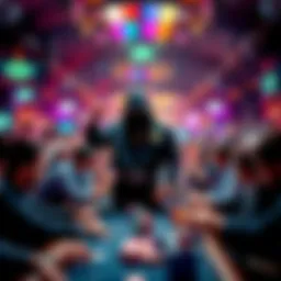 A lively poker event with players enjoying a special promotion, featuring D Negs in a black outfit at the center, attracting attention with colorful banners and excitement in the air.
