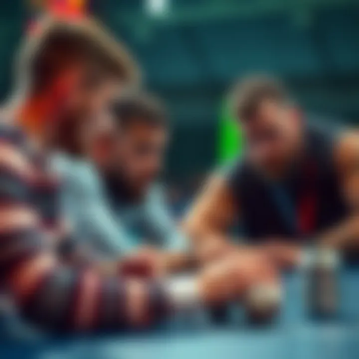 A group of people analyzing wrestling match statistics and strategies for betting