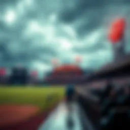 Cloudy sky and rain over Wrigley Field with empty stands and disappointed fans
