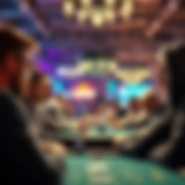 Group of people discussing WSOP coverage with poker tables in the background.