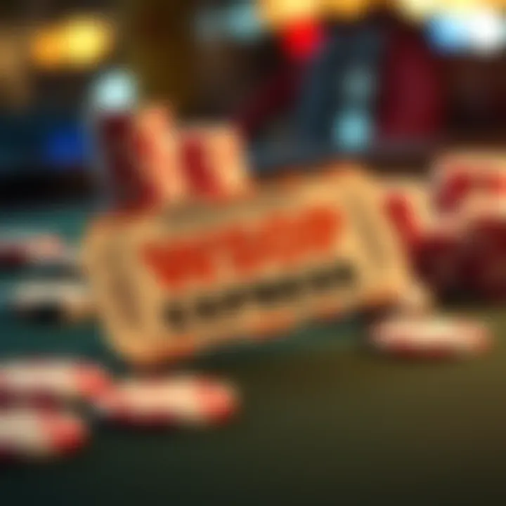 A close-up view of a $150 WSOP Express Ticket resting on a poker table with chips and cards in the background.