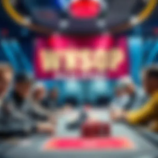 A group of poker players at a table during the WSOP Main Event, focused on their cards and chips, with a large banner in the background announcing the event