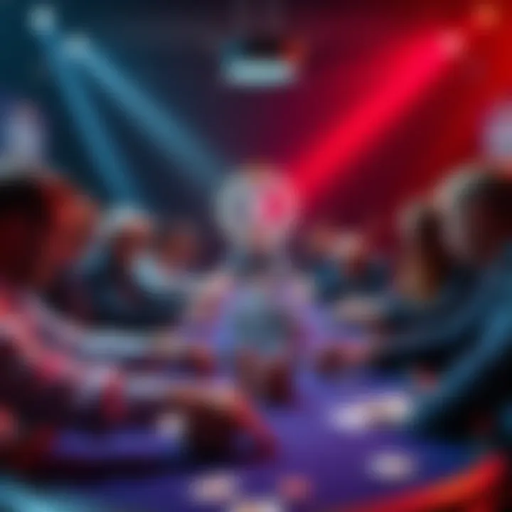 A tense poker game with the last 24 players competing, focused on their cards and chips, showcasing a dramatic atmosphere